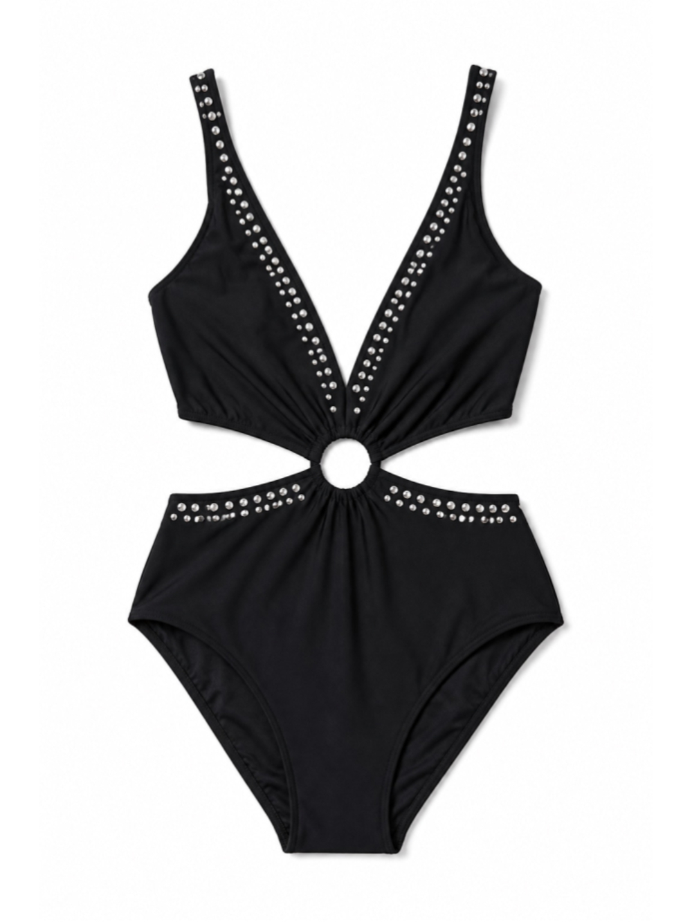 Bar III Women's Extra Large Black & Silver Stud Plunge One-Piece Swimsuit NWT